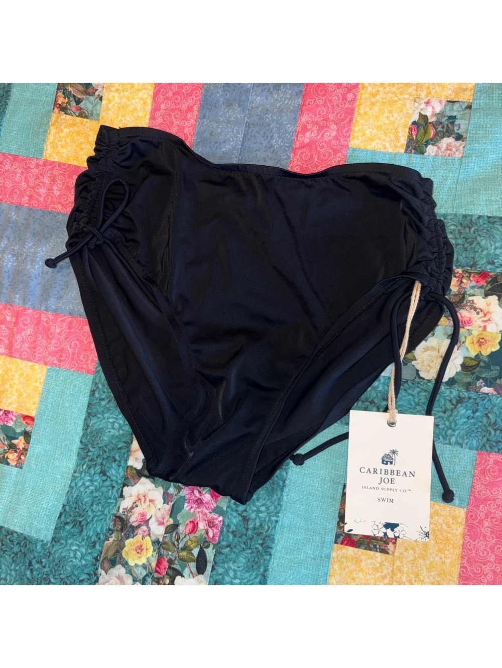 Caribbean Joe NEW $30 Size 10 Black High-Waisted Swim Bottoms Side Drawstrings
